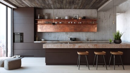 eclectic loft kitchen full view, chocolate brown cabinetry, copper open shelves, rough concrete wall, cozy light