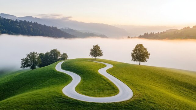 Serpentine road winds through valley, mist-shrouded hills - Powered by Adobe