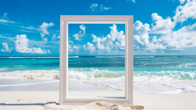 A white picture frame against a beach with white sand and blue waves
