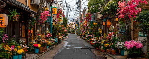 A peaceful street in Japan with small shops displaying signs of gratitude for their employees, decorated for Labour Thanksgiving Day, community spirit