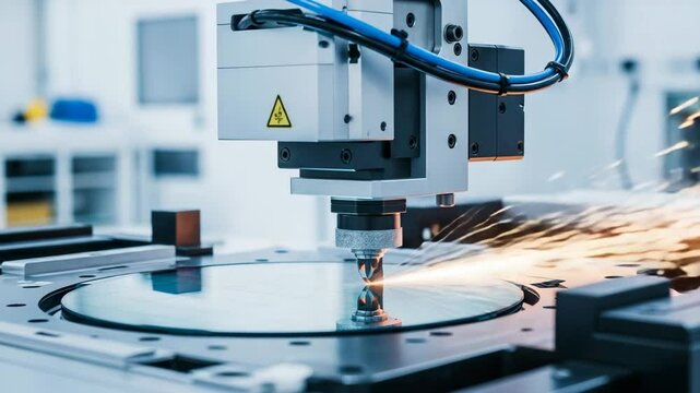 Silicon wafer slicing process showcases precision cutting tools and meticulous craftsmanship