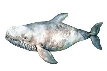 Whale watercolor vector illustration, underwater ocean animal art isolated on white background