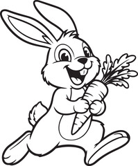 Happy Cartoon Rabbit Jumping with Carrot – Line Art Logo
