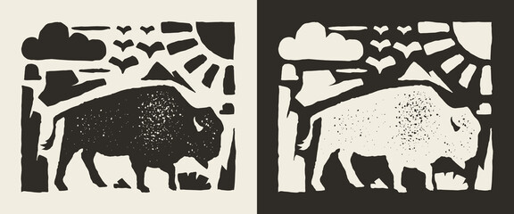 Vintage bison silhouette landscape with rustic scenery and bold western style for retro print design. © FerouFYN