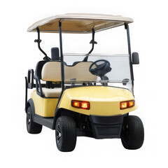 A front view of a yellow golf cart with a roof on a white background image