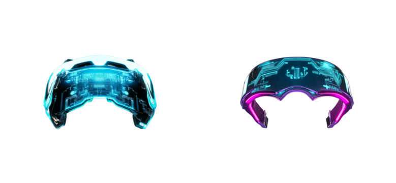 Two futuristic visor designs, neon glow, circuit lines, cut out transparent