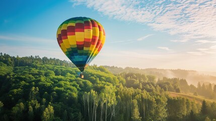 Fototapeta premium Breathtaking Views: A Hot Air Balloon Soaring Gracefully Over a Lush, Verdant Forest - Capturing the Enchanting Blend of Nature's Beauty and the Thrill of Adventure. Drift through the treetops in a vi