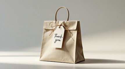 Gift bag with thank you tag in soft lighting on a neutral background