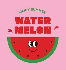 Cute summer watermelon character illustration with funny typography and smiling face.