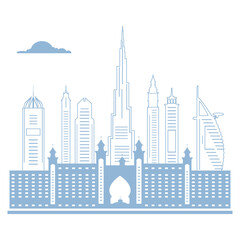 United Arab Emirates skyscrapers silhouette. Dubai buildings, hotels and symbol vector illustration. Dubai city skyline. Towers and landmarks cityscape. Camel. Design for banner, poster or print.