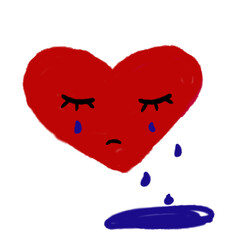hand drawn red heart with tears, concept of sadness and depression on transparent background