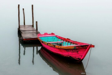 Weathered Rowboat Moored at Wooden Dock on Misty Lake