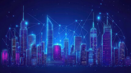 Naklejka premium Futuristic city skyline, glowing with interconnected lines