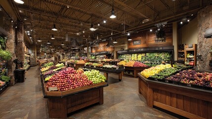 Interior of a grocery store featuring produce displays.  Wooden, rustic-style shelving and displays hold fresh fruits and vegetables.  The store's interior has a warm, natural feel