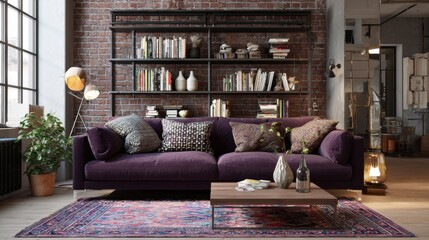 eclectic loft living room full view, deep aubergine sofa, brick wall, metal bookshelf, patterned rug, warm ambient light