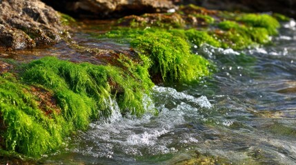 Coastal rocks, seaweed, and flowing water