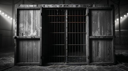 Dark rustic jail cell with wooden doors in an abandoned structure illuminated by dim lights