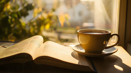Warm Coffee Break with a Book in Soft Light