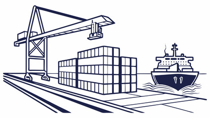 Outlined Crane Loading Shipping Containers onto a Cargo Ship.