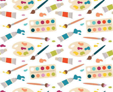 Seamless pattern with colorful drawing materials and tools. Bright background with paints, brushes and palette