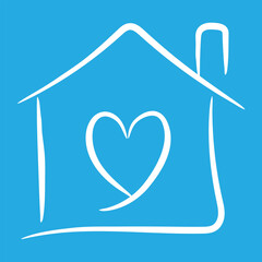 White Home Outline with Heart on Blue Background