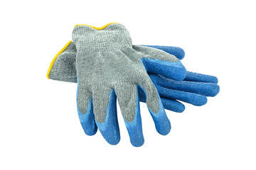 Pair of gray and blue work gloves with yellow trim. Protective wear for manual labor and safety. isolated on white background with clipping path.