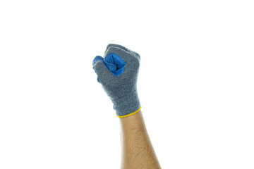 Hand in protective work glove forming a powerful fist, symbolizing strength and effort in manual...