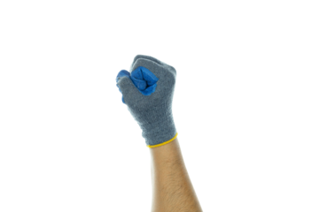 Hand in protective work glove forming a powerful fist, symbolizing strength and effort in manual tasks. Ideal for themes of labor and safety. isolated on white background with clipping path.