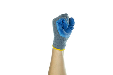 Hand in a protective work glove making a powerful fist, signifying determination and hard work in...