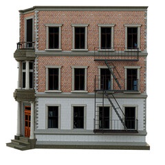Obraz premium 3D rendered three-story corner building with red brick facade and fire escapes, isolated on transparent background