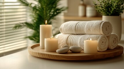 Spa scene candles, towels, stones on tray