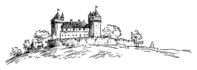 european castle on hill – black and white outline vector of historic fortress © Kaz