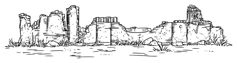 old fortress ruins – monochrome outline illustration of historic architecture