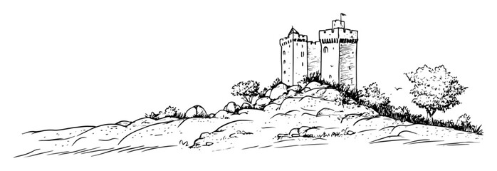 castle on the hill – black and white outline illustration of medieval fortress © Kaz