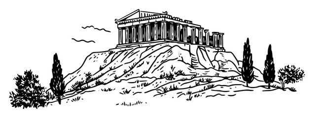 acropolis parthenon on hill – monochrome outline vector of greek landmark
