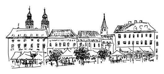 Obraz premium old european market square – black and white outline cityscape