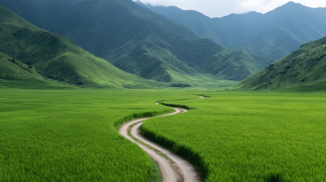 Winding Road Through Lush Green Rice Paddies and Mountains, a serene landscape featuring a narrow path meandering through vibrant rice fields, surrounded by majestic mountains and open skies