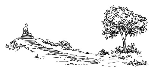 meditation on nature trail – black and white outline landscape illustration