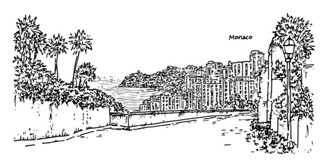 monaco promenade with sea view – black and white outline vector
