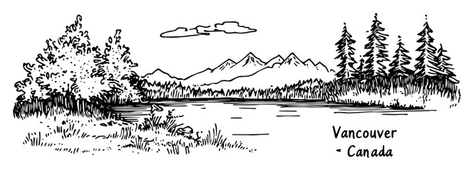 Naklejka premium vancouver nature view with lake and mountains – monochrome outline vector