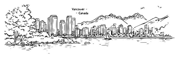 Naklejka premium vancouver cityscape with mountains – monochrome outline vector illustration