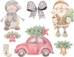 snowman and Santa vintage watercolor illustration vector format