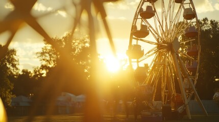 Golden sunset illuminates a Ferris wheel at a park