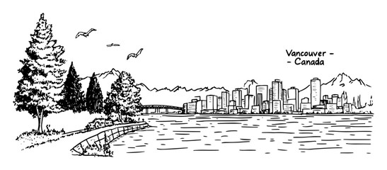 vancouver skyline with sea and trees – black and white outline vector