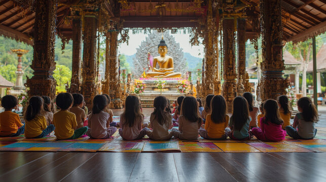 Children Sitting In Reverence Before A Golden Buddha Statue In A Southeast Asian Temple