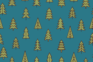 Christmas seamless pattern of green decorative Christmas trees in doodle style on blue background. Simple seamless background with New Year. Vector design for winter holidays, wallpaper, wrapping pape