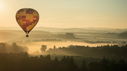 Fototapeta premium Breathtaking Views: A Hot Air Balloon Soaring Gracefully Over a Lush, Verdant Forest - Capturing the Enchanting Blend of Nature's Beauty and the Thrill of Adventure. Drift through the treetops in a vi