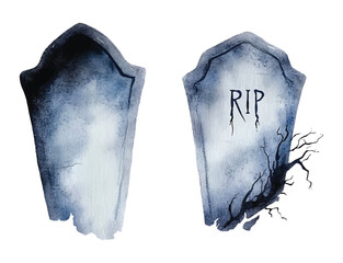 Halloween rip, grey gravestone watercolor illustration