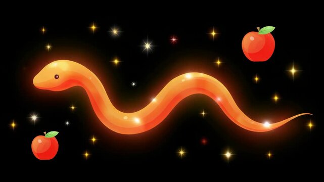 Colorful Cartoon of a Glowing Orange Snake Slithering Among Floating Oranges and Stars