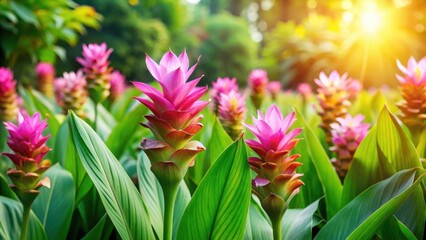 Curcuma flowers in a lush garden amidst greenery and foliage, organic, curcuma,  organic, curcuma, natural